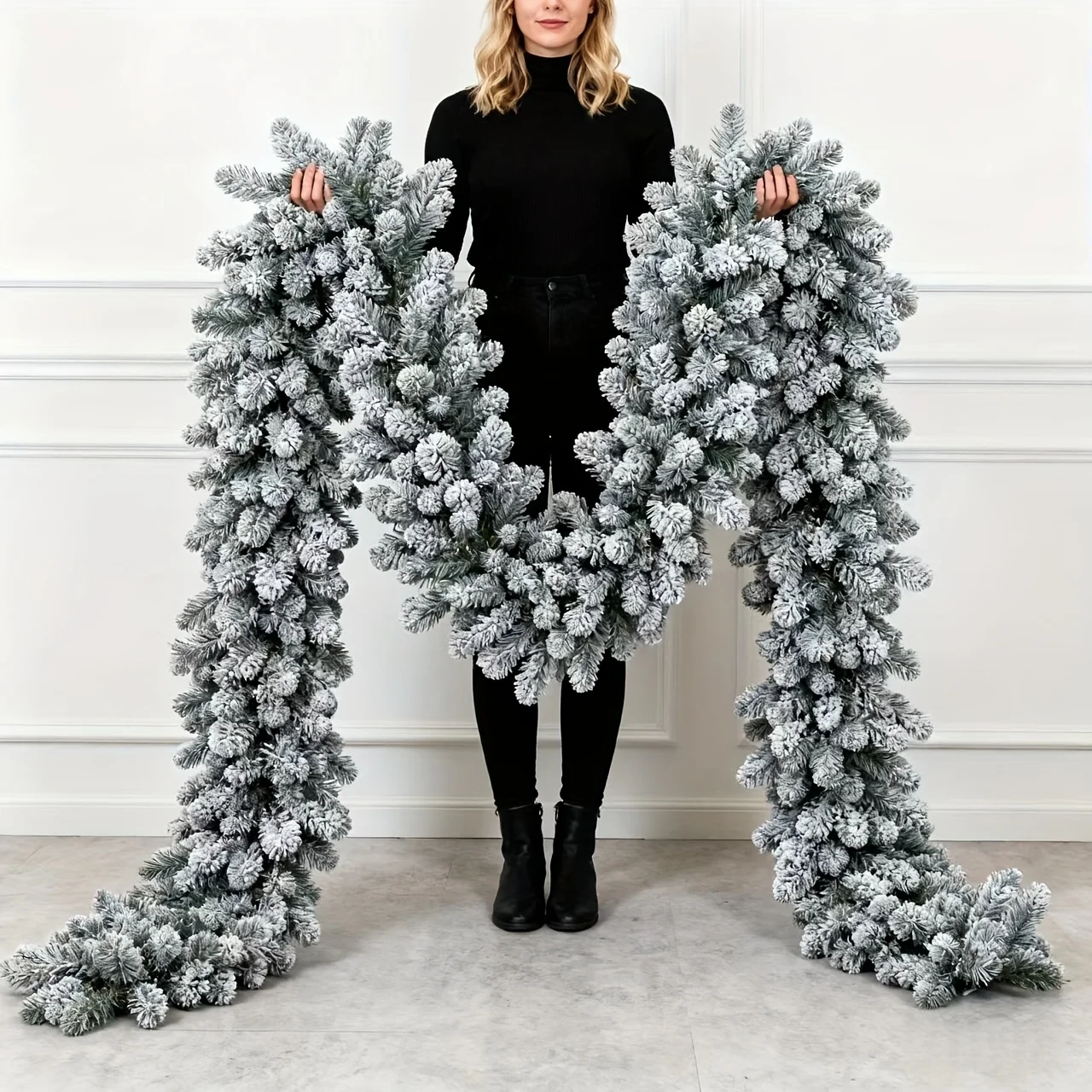 1pc Luxury Snowy Pine Garland Christmas Decor Indoor Outdoor Holiday Hanging Ornament Realistic Winter Artificial Plant