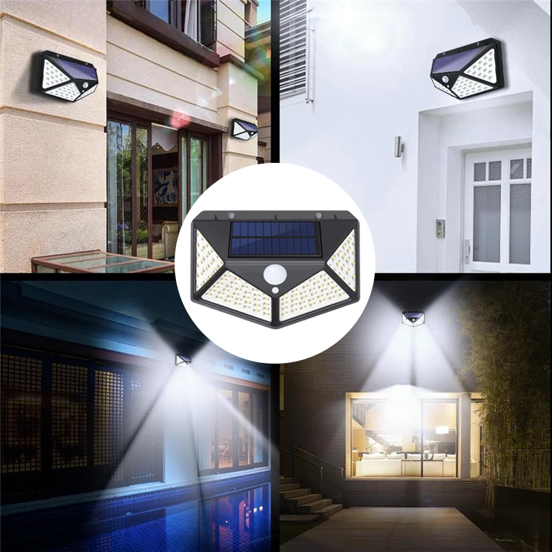 100 LED Solar Wall Lights Outdoor 4 Sides Luminous Motion Sensor IP65 Waterproof Sunlight Street Light for Decor Garden Garage